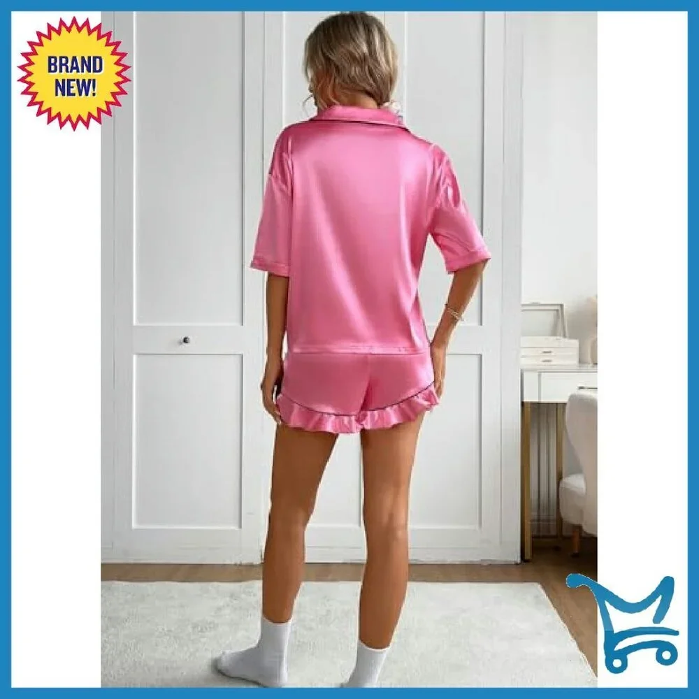 Silk Satin Pajama Set with Magnetic Diffuser, Short Sleeve & Ruffled Shorts